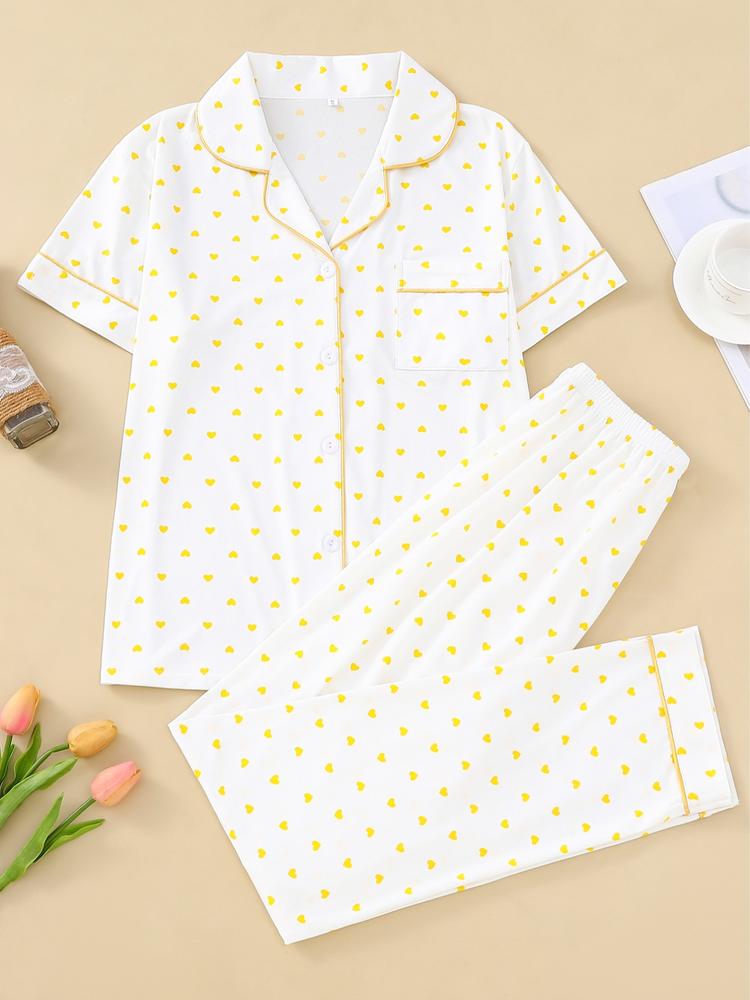 Women's Sleepwear Set, Heart Pattern, Elegant Casual, Comfortable Lapel Short Sleeve Top & Wide Leg Pants, Holiday Party Wear