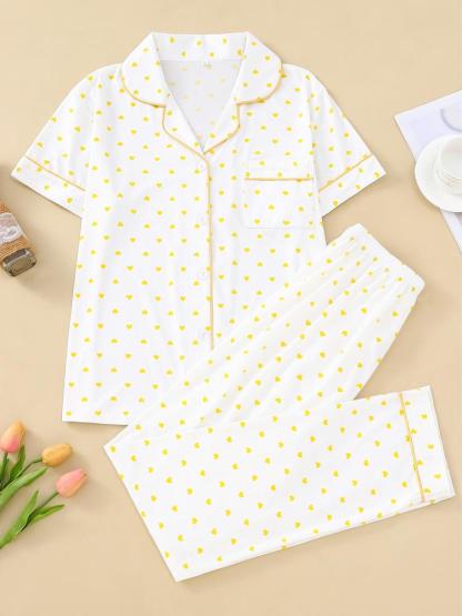 Women's Sleepwear Set, Heart Pattern, Elegant Casual, Comfortable Lapel Short Sleeve Top & Wide Leg Pants, Holiday Party Wear