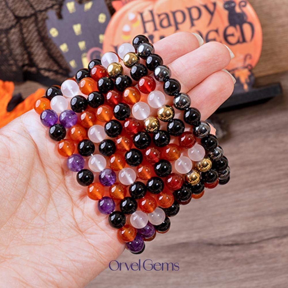 Halloween Protection Crystal Beaded Bracelet – Natural Stone Amethyst Black Onyx Hematite Tigers Eye Agate 8mm beads – Spiritual Grounding, Negative Energy Cleansing, Gift for Women, Men, Friends, Family, Halloween Party, Witchy Jewelry, Protection Amulet