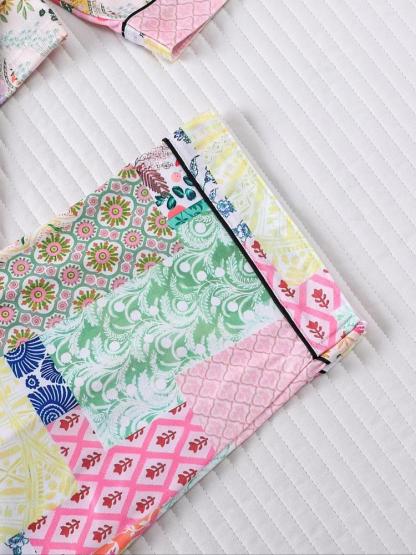 Women's Floral & Plaid Pajama Set, Long Sleeve Button Front Top, Elastic Waist Pants, Casual Fall Winter Sleepwear