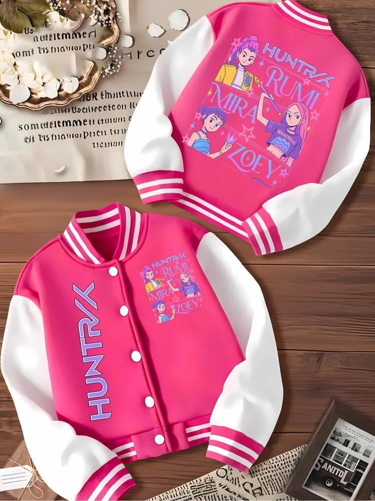 Girls' Halloween Cartoon Print Baseball Jacket, Elastic Fabric, Fitted Design, Perfect for Outdoor & Indoor Activities