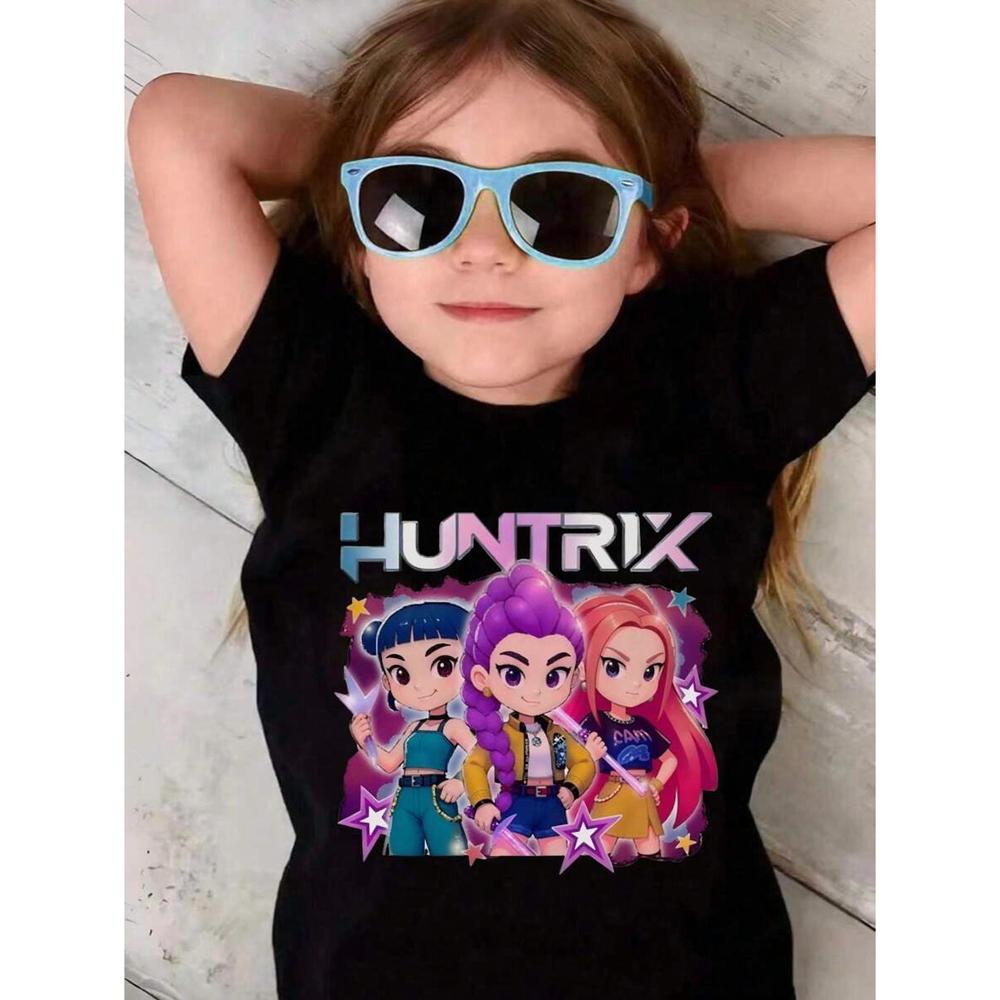 Huntrix Girls' K-Pop Demon Hunter Graphic T-Shirt Anime Girls Fighting Monsters Print Black Casual Tee Everyday Shirt For Korean Pop Fans, Monster Hunting Apparel