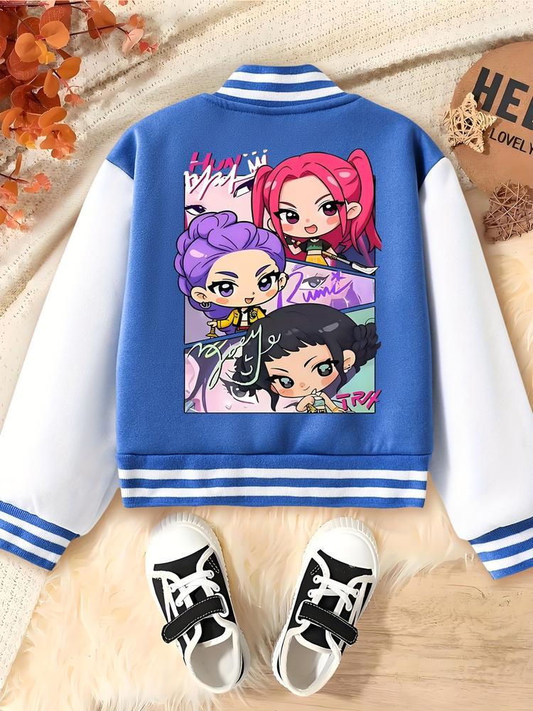 Girls' Halloween Christmas Short Baseball Jacket Coat, Kpop Hunter Design, Elastic Fabric, Fitted Style, Fall Winter Outdoor Indoor Sports Wear