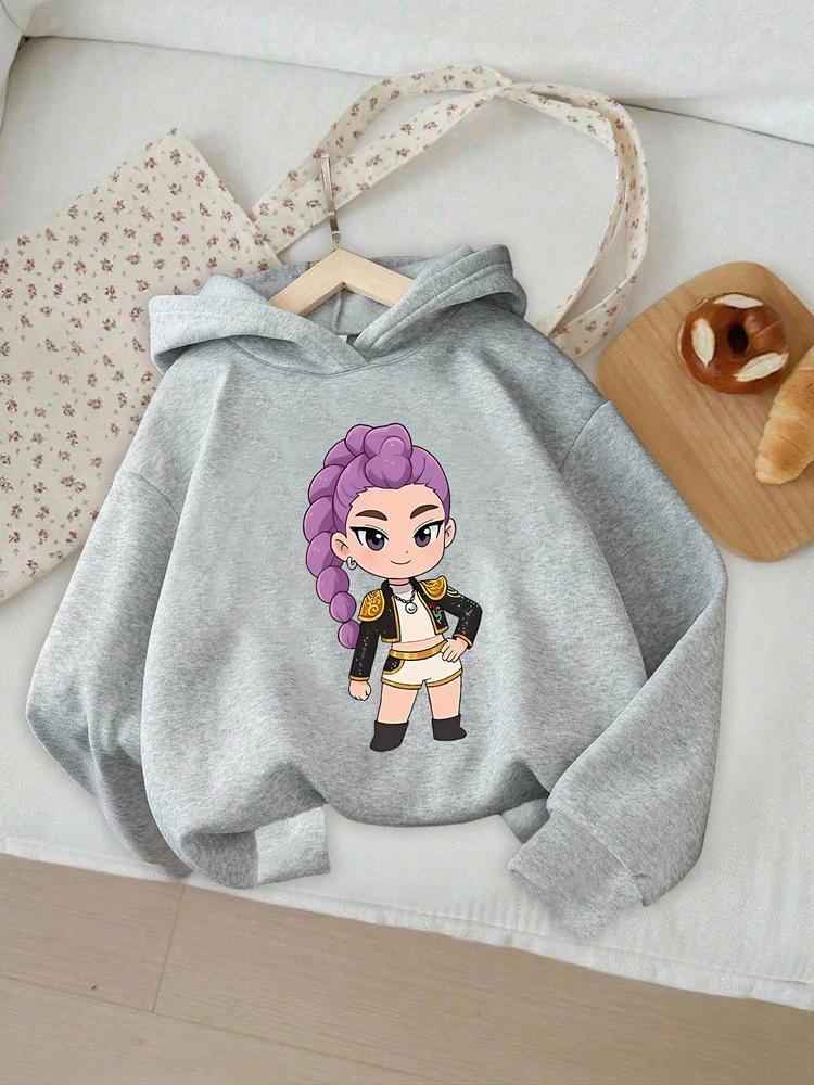 Girls' Kpop Hunter Series Hoodie, Long Sleeve Cartoon Print Pullover, Casual Comfortable Spring & Fall Fashion, Fitted Style, Graphic Casual Hoodie