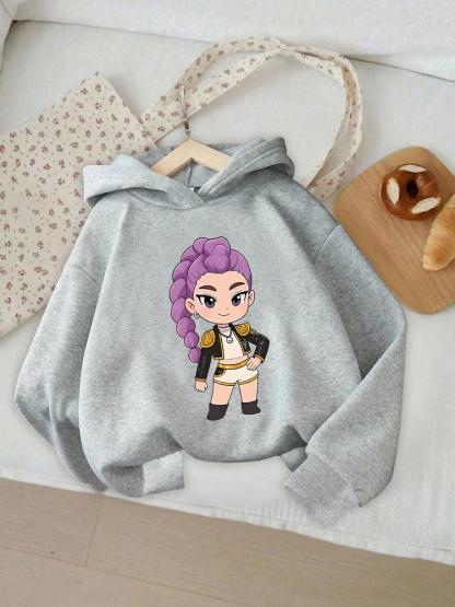 Girls' Kpop Hunter Series Hoodie, Long Sleeve Cartoon Print Pullover, Casual Comfortable Spring & Fall Fashion, Fitted Style, Graphic Casual Hoodie