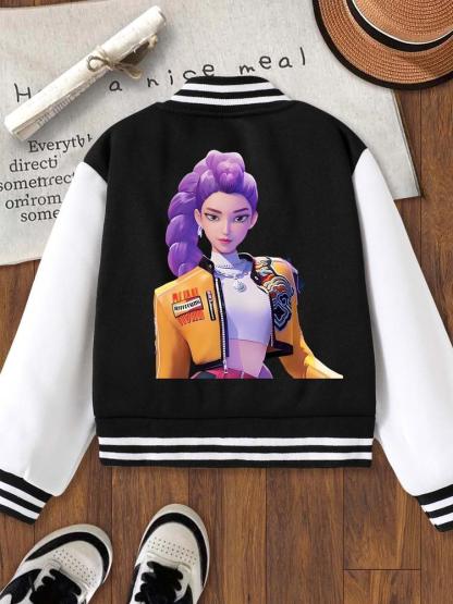 Girls' Short Baseball Jacket Coat, Cartoon Design, Elastic Fabric, Fitted Style, Fall & Winter School Uniform Outerwear, Striped Trim Jacket