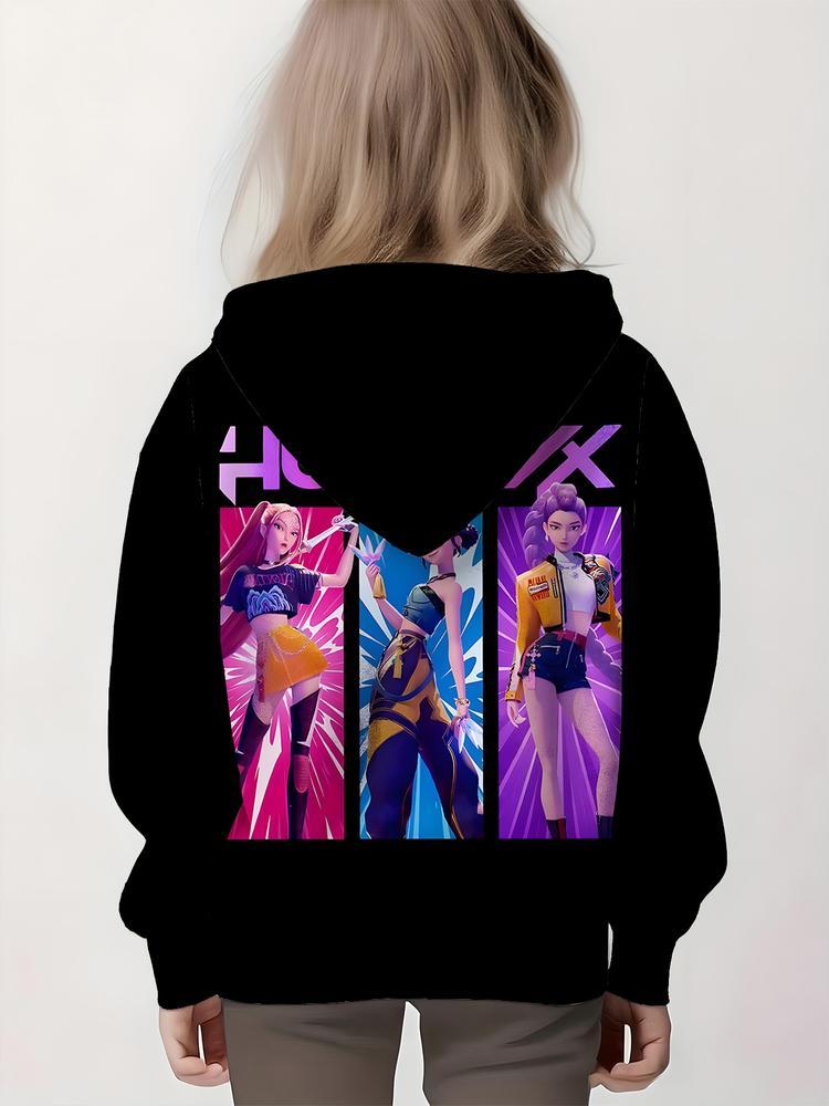 Girls Kpop Demon Hunters Hoodie, Casual Fall Winter Sportswear, Fitted Random Print Design, Durable Outdoor Activities, Christmas Gift