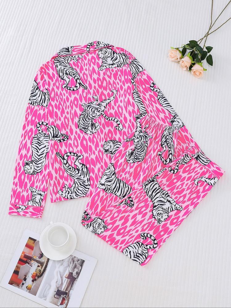 Women's Tiger Print Pajama Set, Fall & Winter Casual Sleepwear, Comfortable Long Sleeve Button-Up Top and Elastic Pants, Home & Outdoor Wear