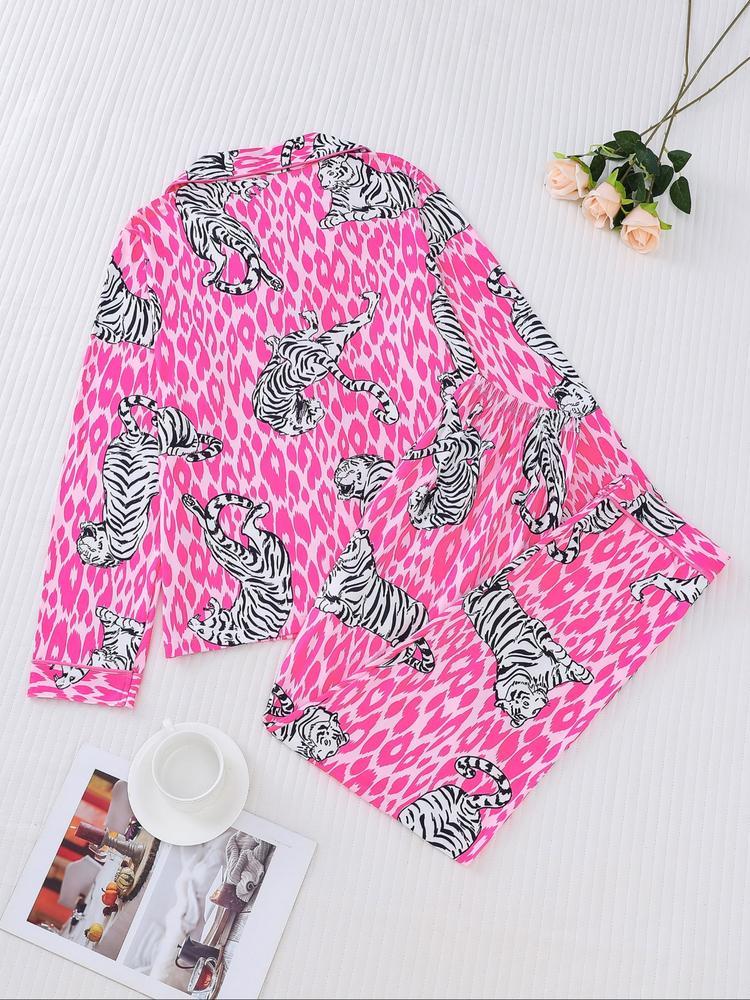 Women's Tiger Print Pajama Set, Fall & Winter Casual Sleepwear, Comfortable Long Sleeve Button-Up Top and Elastic Pants, Home & Outdoor Wear