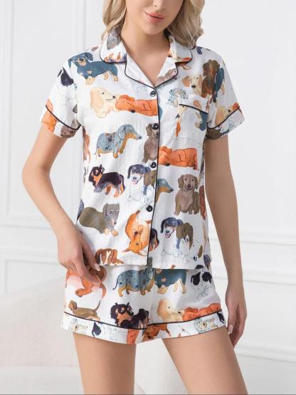Two-Piece Set Women's Dog Print Lapel Neck Button Front Shirt & Elastic Waist Shorts Textured Pyjama, Casual Comfy Short Sleeve Pocket Top & Shorts PJ Set, Ladies Summer Sleepwear