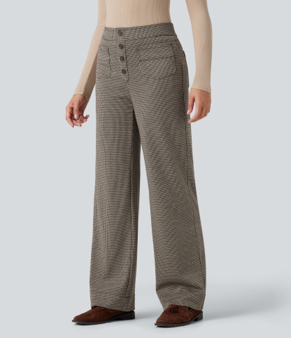 FlexHigh Waisted Houndstooth Straight Leg Work Pants with Pockets