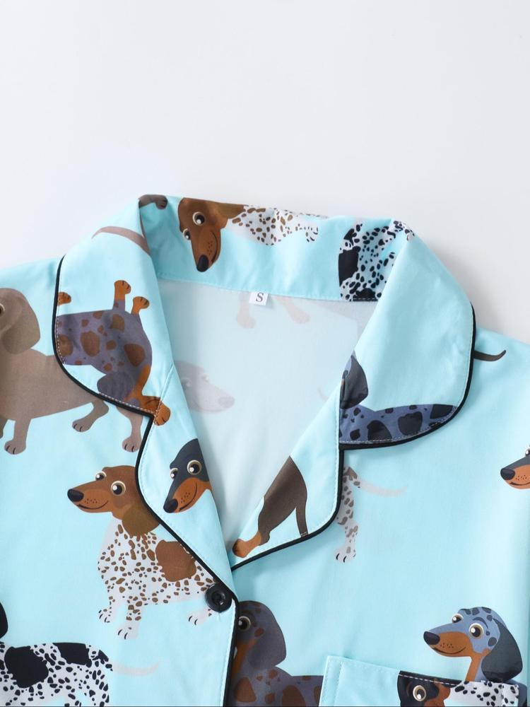 Women's Cartoon Dog Print Short Sleeve Matching Pajamas Two-piece Set, Casual Comfy Lapel Neck Button Design Pj Set for Daily Home Wear, Ladies Sleepwear for All Seasons, Loungewear,  Womenswear, Pastel Cute Pajamas, Breathable Stylish Pajama