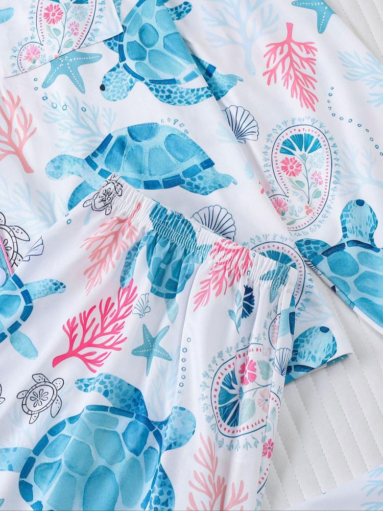 Women's 2-Piece Sleepwear Set, Turtle Print, Casual Fitted Long Sleeve Shirt & Elastic Pants, Soft Comfortable Home Wear Pajamas