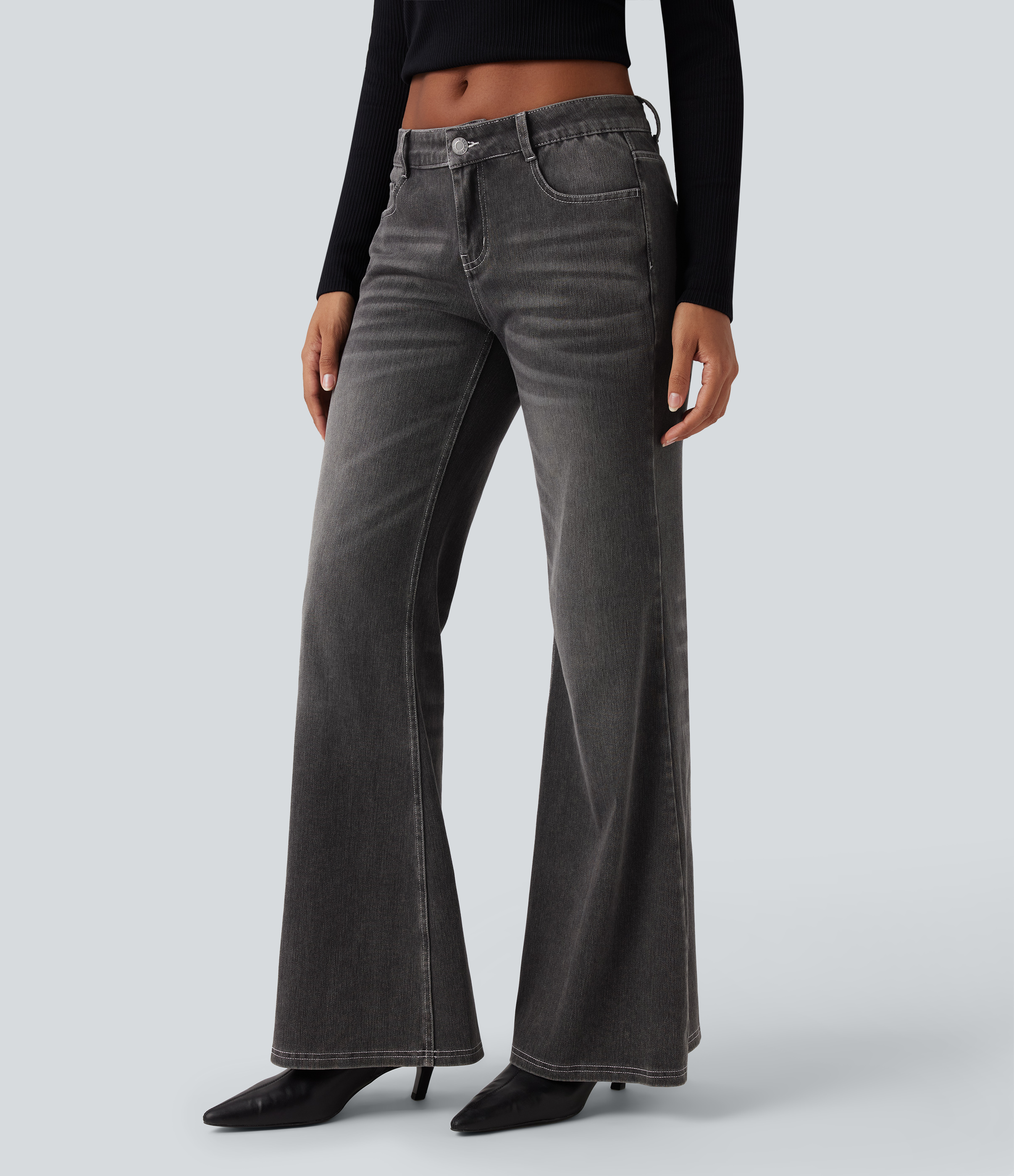 FlexLow Rise Flare Washed Casual Jeans with Pockets