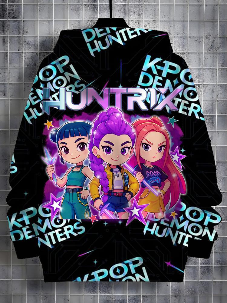 Girls Kpop Demon Hunters Korean Fashion Hoodie, Comfortable Spring & Fall Sweatshirt, Durable Random Print, Perfect Christmas Gift