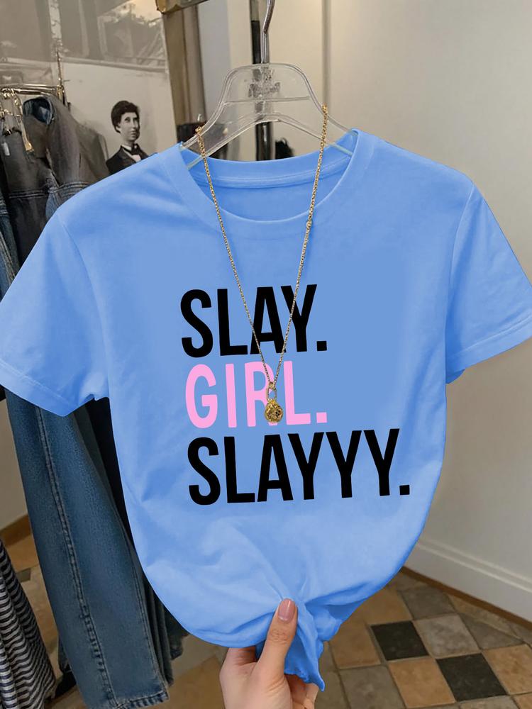 Girls Summer Fashion Creative Letter Print Short Sleeve T-Shirt, Outdoor Casual Comfortable Wear, Fitted Style, Moderate Fabric Thickness Graphic Tee