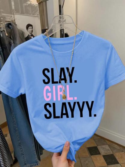 Girls Summer Fashion Creative Letter Print Short Sleeve T-Shirt, Outdoor Casual Comfortable Wear, Fitted Style, Moderate Fabric Thickness Graphic Tee