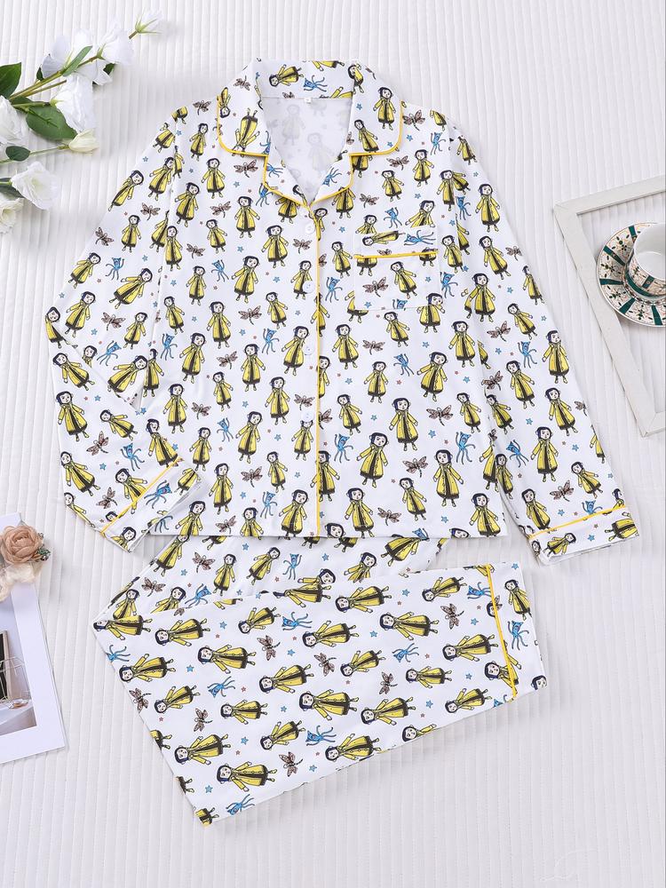 Women's Sleepwear Set, Butterfly Girl Print, Holiday Party Pajamas, Soft Long Sleeve Top and Loose Elastic Pants, Casual Home Wear