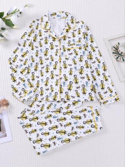 Women's Sleepwear Set, Butterfly Girl Print, Holiday Party Pajamas, Soft Long Sleeve Top and Loose Elastic Pants, Casual Home Wear