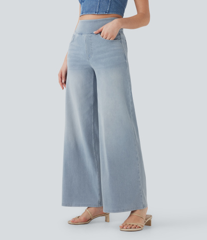 FlexHigh Waisted Pockets Baggy Wide Leg Washed Casual Jeans