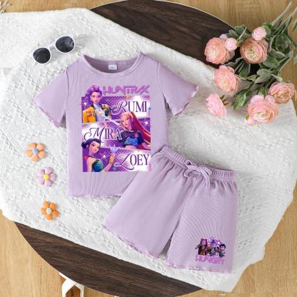 Toddler Girls Outfit Purple Graphic Print Short Sleeve T-Shirt & Shorts Set for Spring Summer Fall Casual Wear