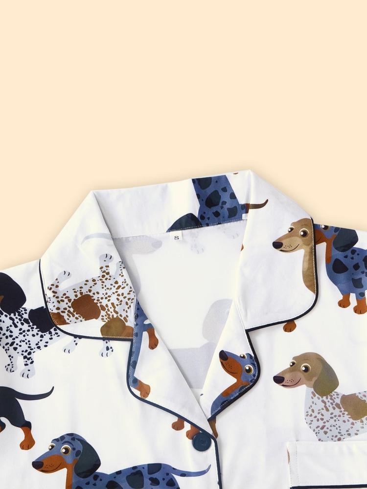 Women's Cartoon Dog Print Short Sleeve Matching Pajamas Two-piece Set, Casual Comfy Lapel Neck Button Design Pj Set for Daily Home Wear, Ladies Sleepwear for All Seasons, Loungewear,  Womenswear, Pastel Cute Pajamas, Breathable Stylish Pajama
