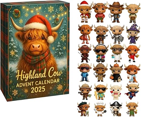 Highland Cow Advent Calendar 2025, 24 Days Surprise Countdown Calendar Gift Box, Perfect for Holiday Decorations and Festive Fun Ideal, Highland Cow Lovers and Christmas Celebrations VNP