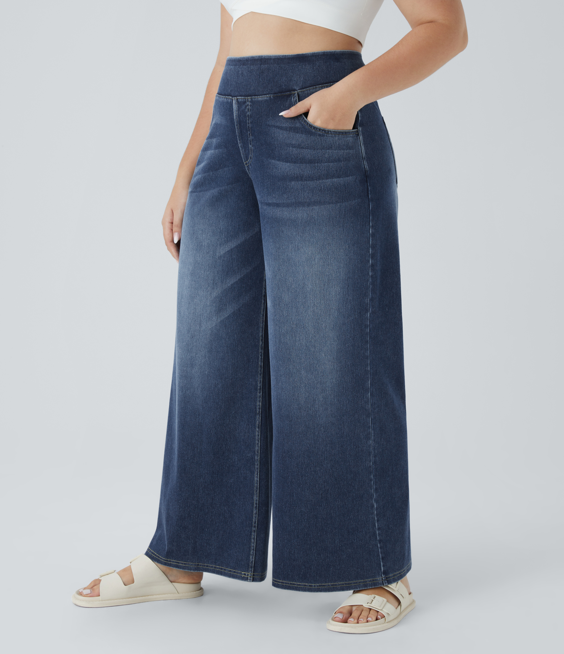 FlexHigh Waisted Pockets Baggy Wide Leg Washed Casual Plus Size Jeans