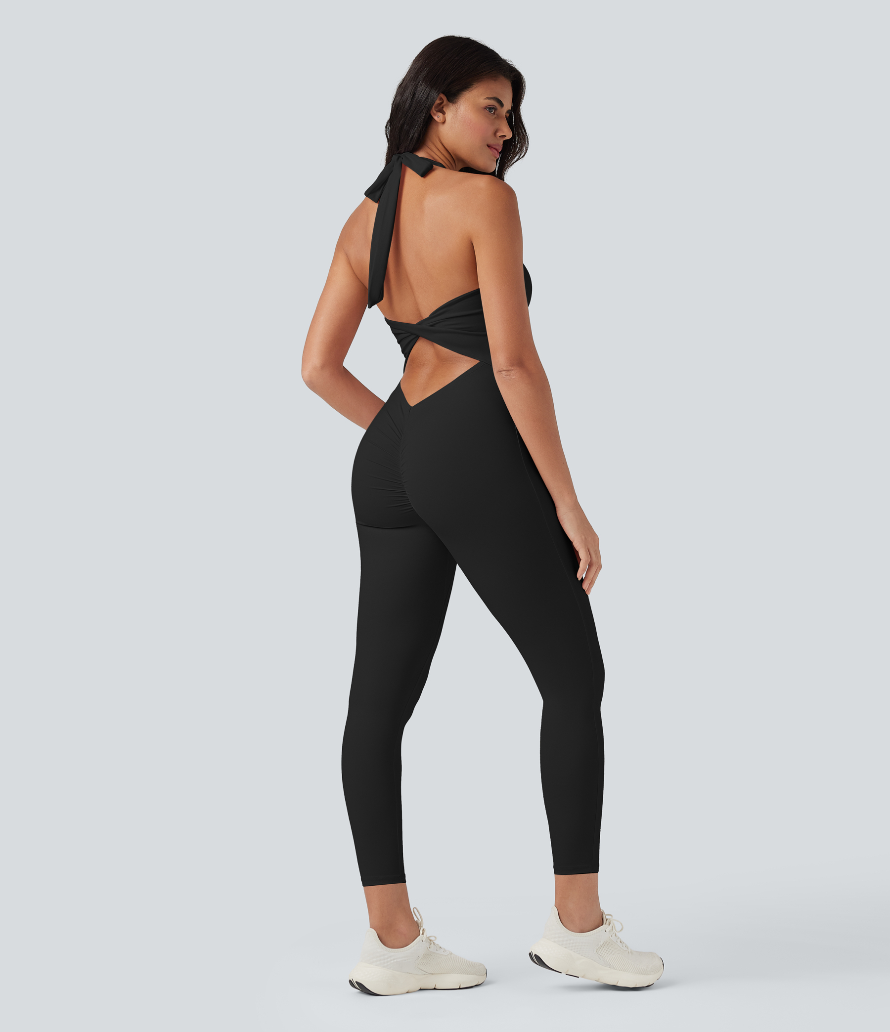 SoftlyZeroAiry Halter Tie Back Cut-out Scrunch Yoga Skinny Jumpsuit