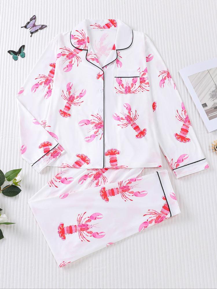 Women's 2-Piece Pajama Set, Lobster Print, Casual Loose-Fit Long Sleeve Top & Elastic Pants, Soft Comfortable Sleepwear Loungewear for Fall Winter