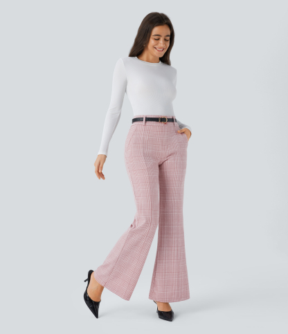 FlexHigh Waisted Decorative Pocket Houndstooth Plaid Work Flare Pants