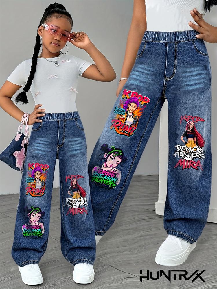 Girls' Graphic Print Jeans, Cartoon Print Pants, Trendy Casual Wear for Ages 8-12, Fitted Denim Jeans for Fall & Winter, Youth Fashion Clothing