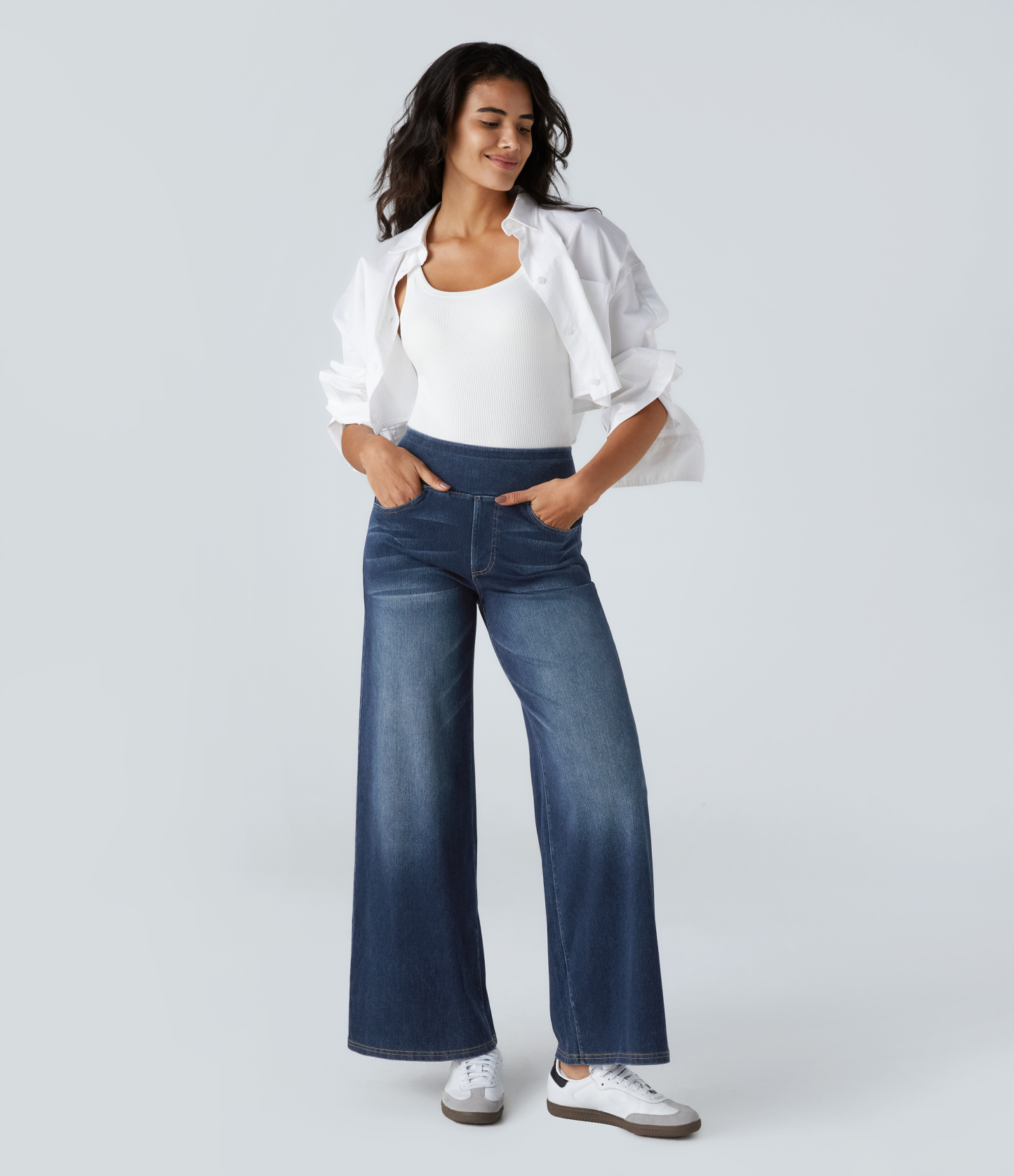 FlexHigh Waisted Pockets Baggy Wide Leg Washed Casual Jeans