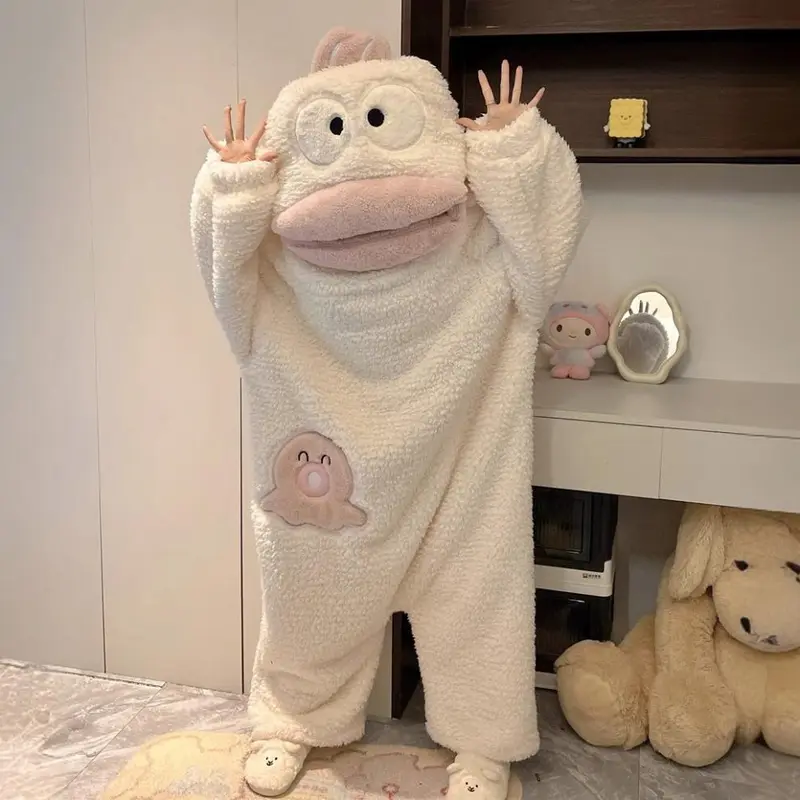 White Ugly Fish Pajamas One-Piece Coral Fleece Thickened Warm Cartoon Big Mouth Fish Homewear for Autumn and Winter