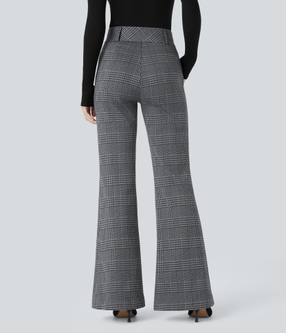 FlexHigh Waisted Decorative Pocket Houndstooth Plaid Work Flare Pants