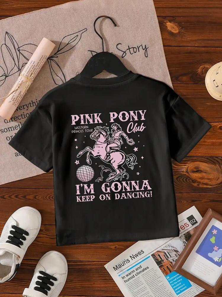 Girls Summer Fashion Cartoon Horse Print Short Sleeve T-Shirt, Casual Outdoor Wear, Comfortable Fit, Perfect for Kids' Daily Use