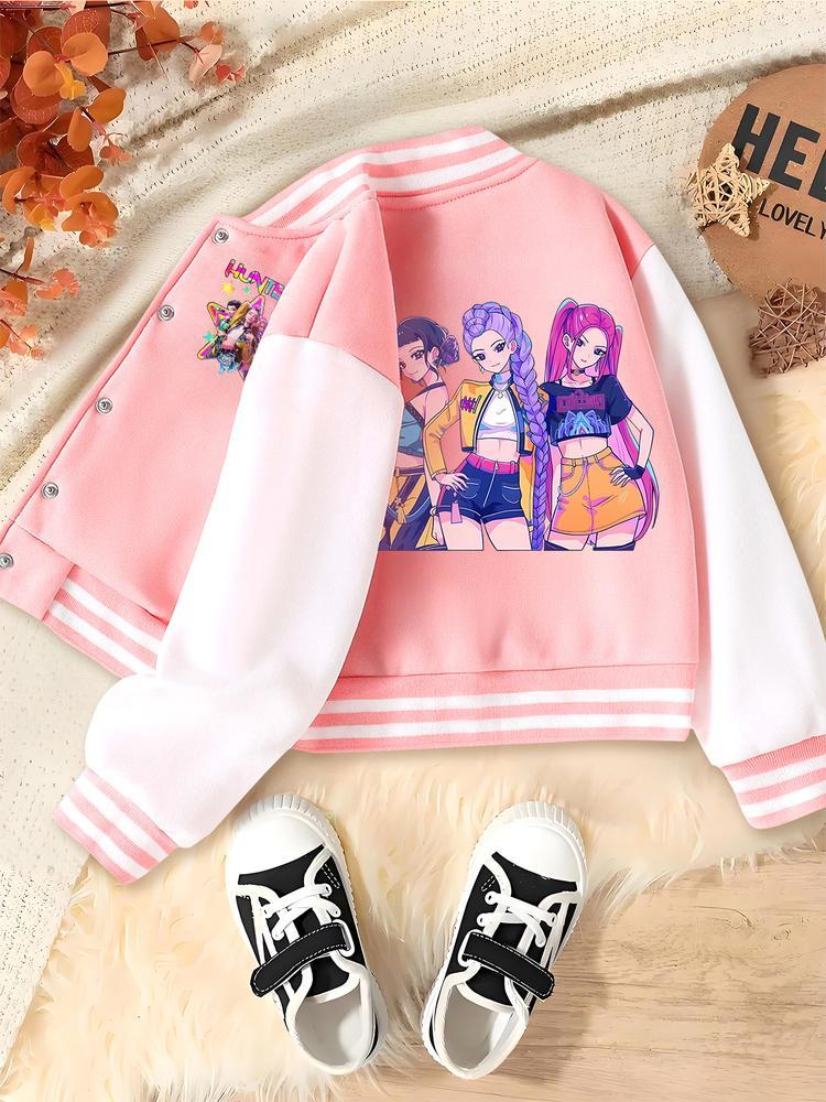 KPOP-Huntress Girl Group  Girls Short Baseball Jacket with Cartoon Design, Fitted Activewear for Kids, Elastic Fabric for Fall & Winter, Trendy School Uniform for Halloween