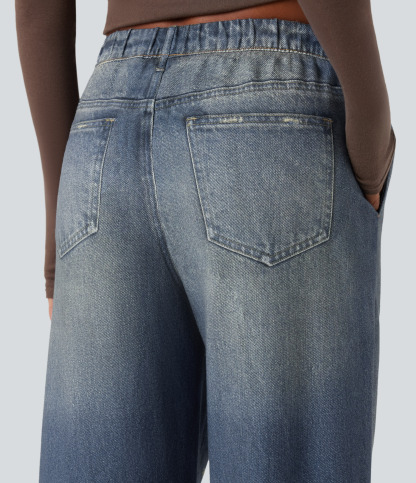 FlexMid Rise Wide Leg Casual French Terry Baggy Sweatpants Jeans with Pockets