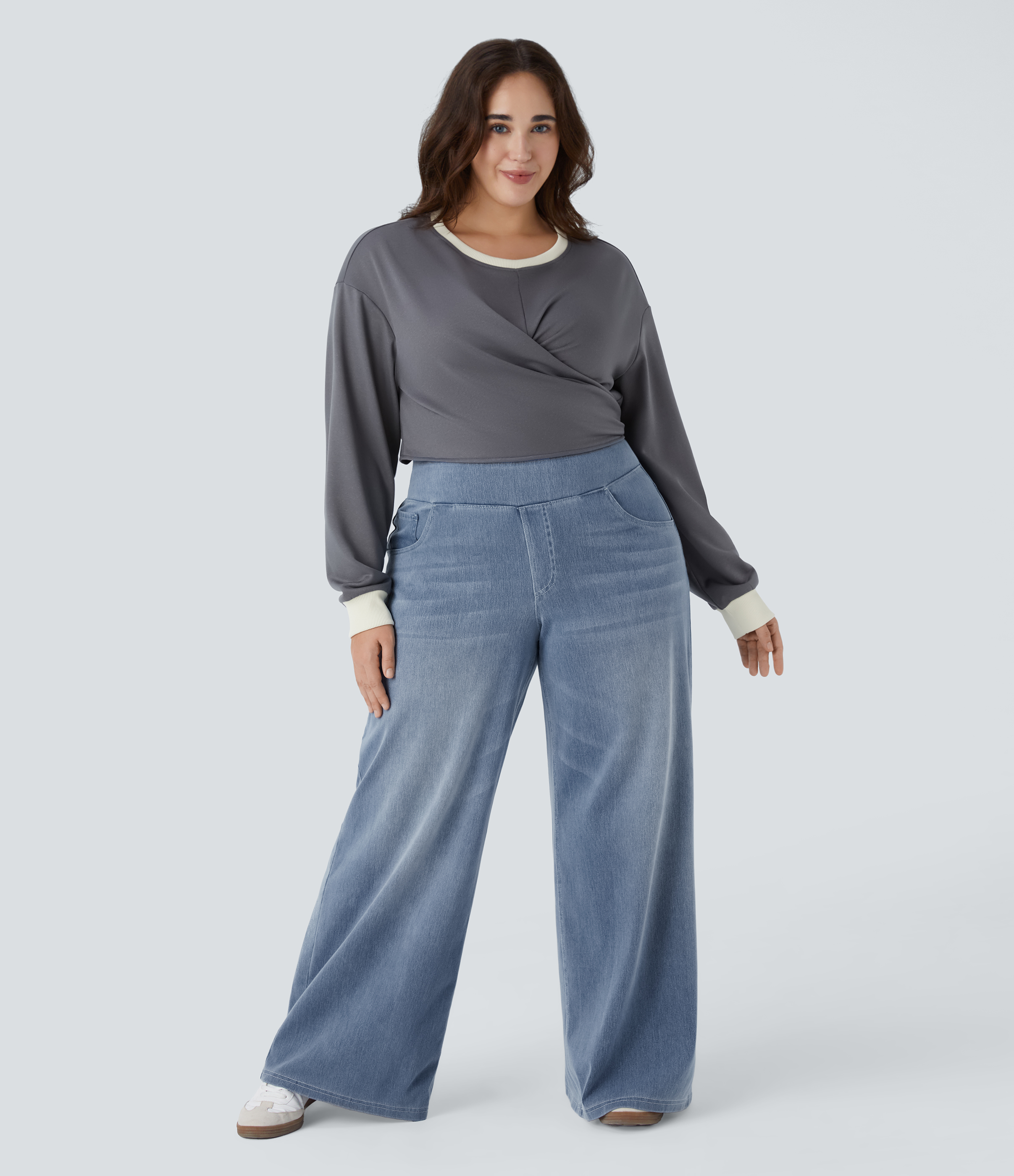 FlexHigh Waisted Pockets Baggy Wide Leg Washed Casual Plus Size Jeans