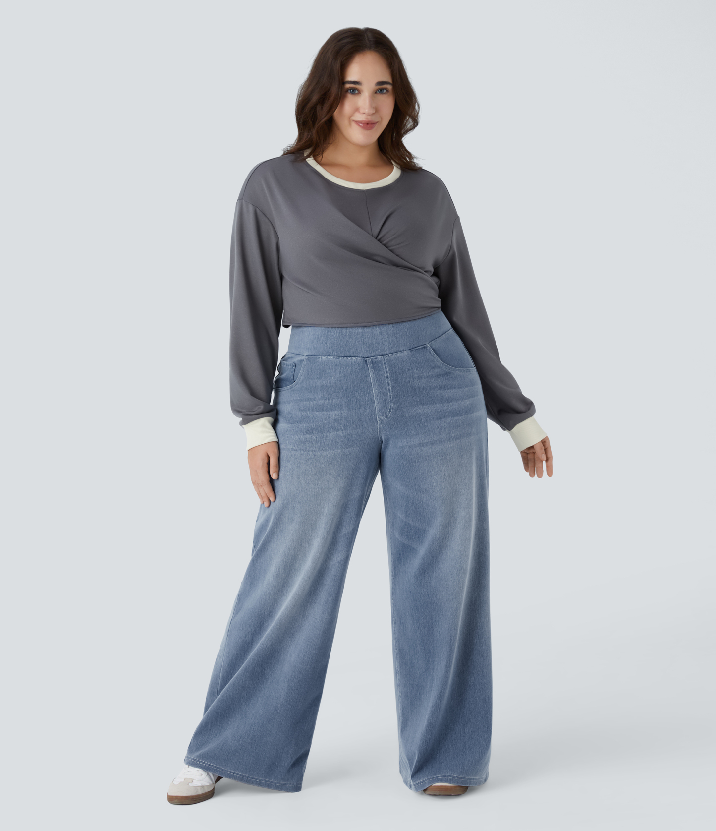 FlexHigh Waisted Pockets Baggy Wide Leg Washed Casual Plus Size Jeans