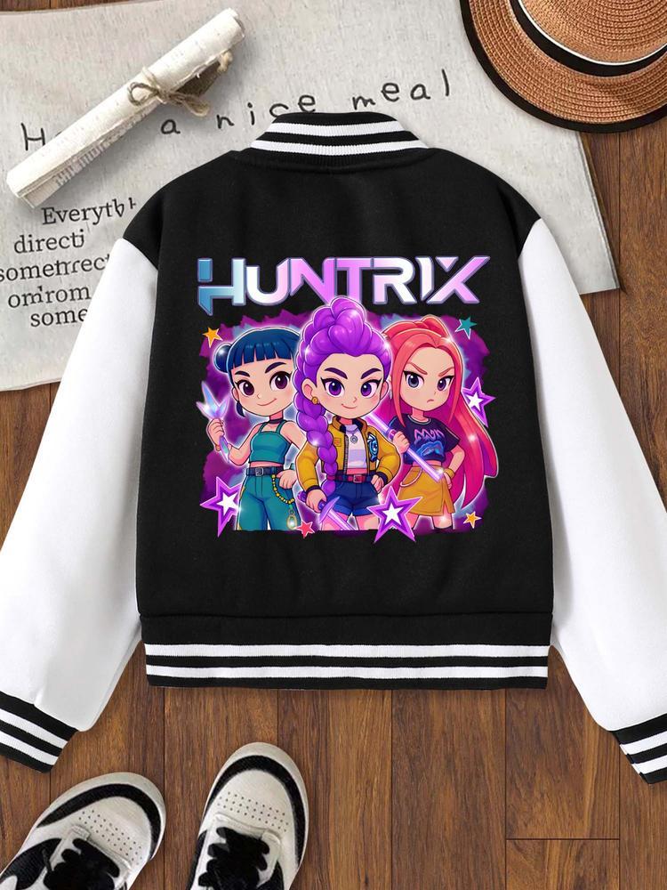 Halloween Girls Short Baseball Jacket, Casual Sports School Uniform, Elastic Fabric, Youth Fashion, Fall & Winter Outerwear