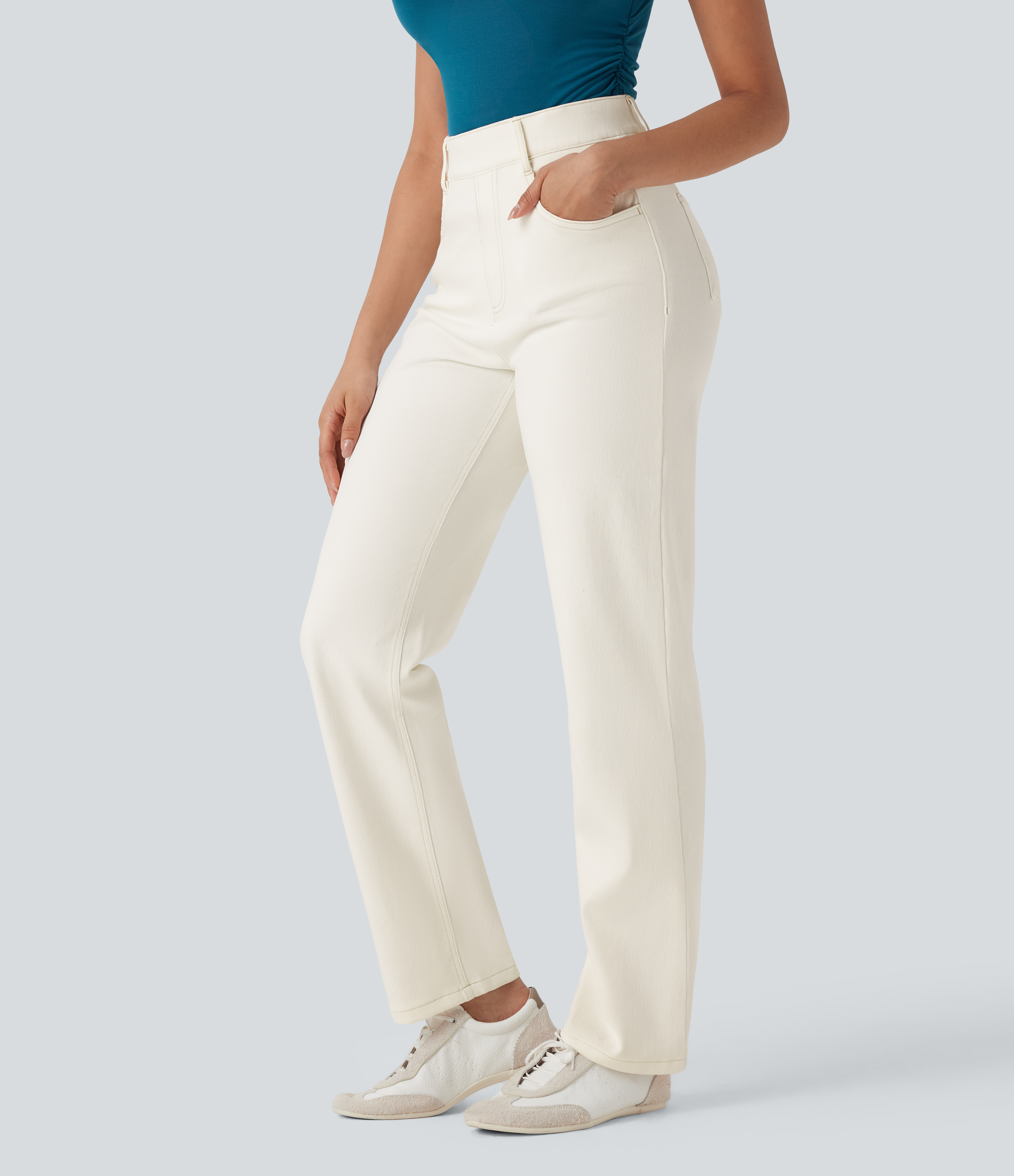 FlexHigh Waisted Pockets Straight Leg Washed Casual Jeans