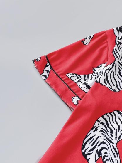 Women's Sleepwear Set, Tiger Animal Print, Elegant for Travel, Comfortable Lapel Short Sleeve Top & Wide Leg Pants, Casual Home Wear, Pajama Set