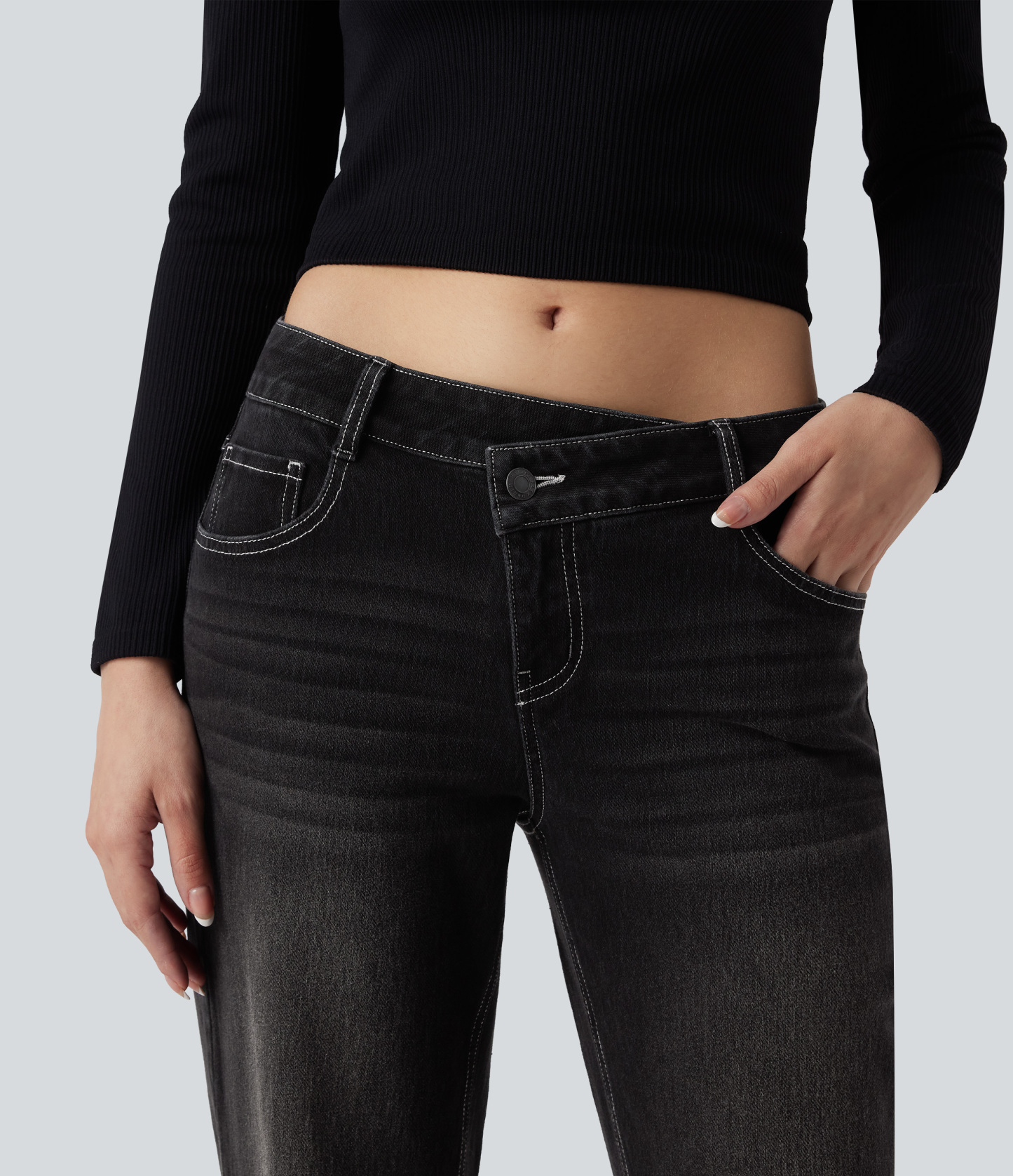 FlexAsymmetric Low Rise Straight Leg Casual Jeans with Pockets