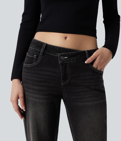 FlexAsymmetric Low Rise Straight Leg Casual Jeans with Pockets