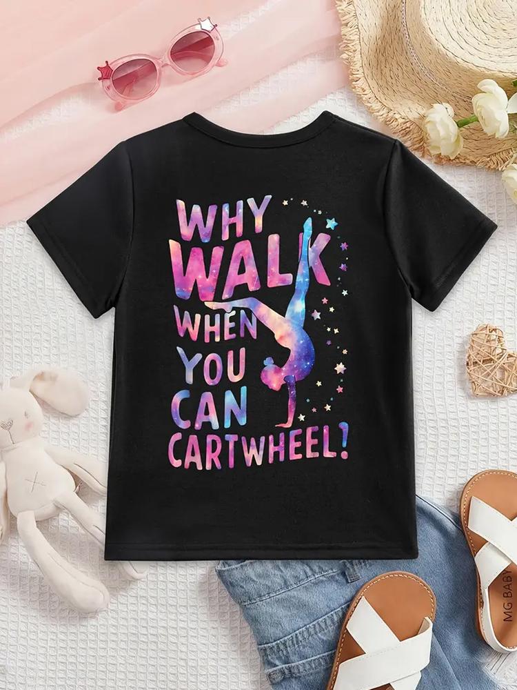 Girls Summer Fashion Creative Reversible Print Short Sleeve T-Shirt, Outdoor Casual Comfortable Wear, Fitted Style, Moderate Fabric Thickness, Graphic Shirt