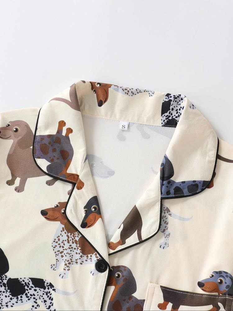 Women's Cartoon Dog Print Short Sleeve Matching Pajamas Two-piece Set, Casual Comfy Lapel Neck Button Design Pj Set for Daily Home Wear, Ladies Sleepwear for All Seasons, Loungewear,  Womenswear, Pastel Cute Pajamas, Breathable Stylish Pajama