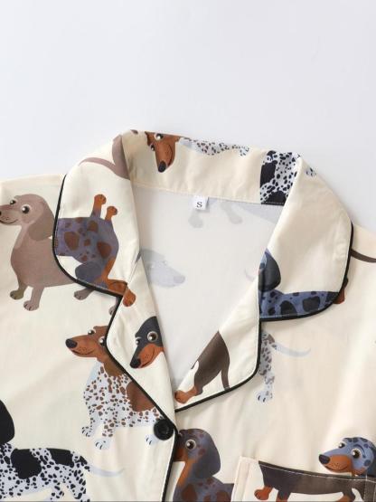 Women's Cartoon Dog Print Short Sleeve Matching Pajamas Two-piece Set, Casual Comfy Lapel Neck Button Design Pj Set for Daily Home Wear, Ladies Sleepwear for All Seasons, Loungewear,  Womenswear, Pastel Cute Pajamas, Breathable Stylish Pajama