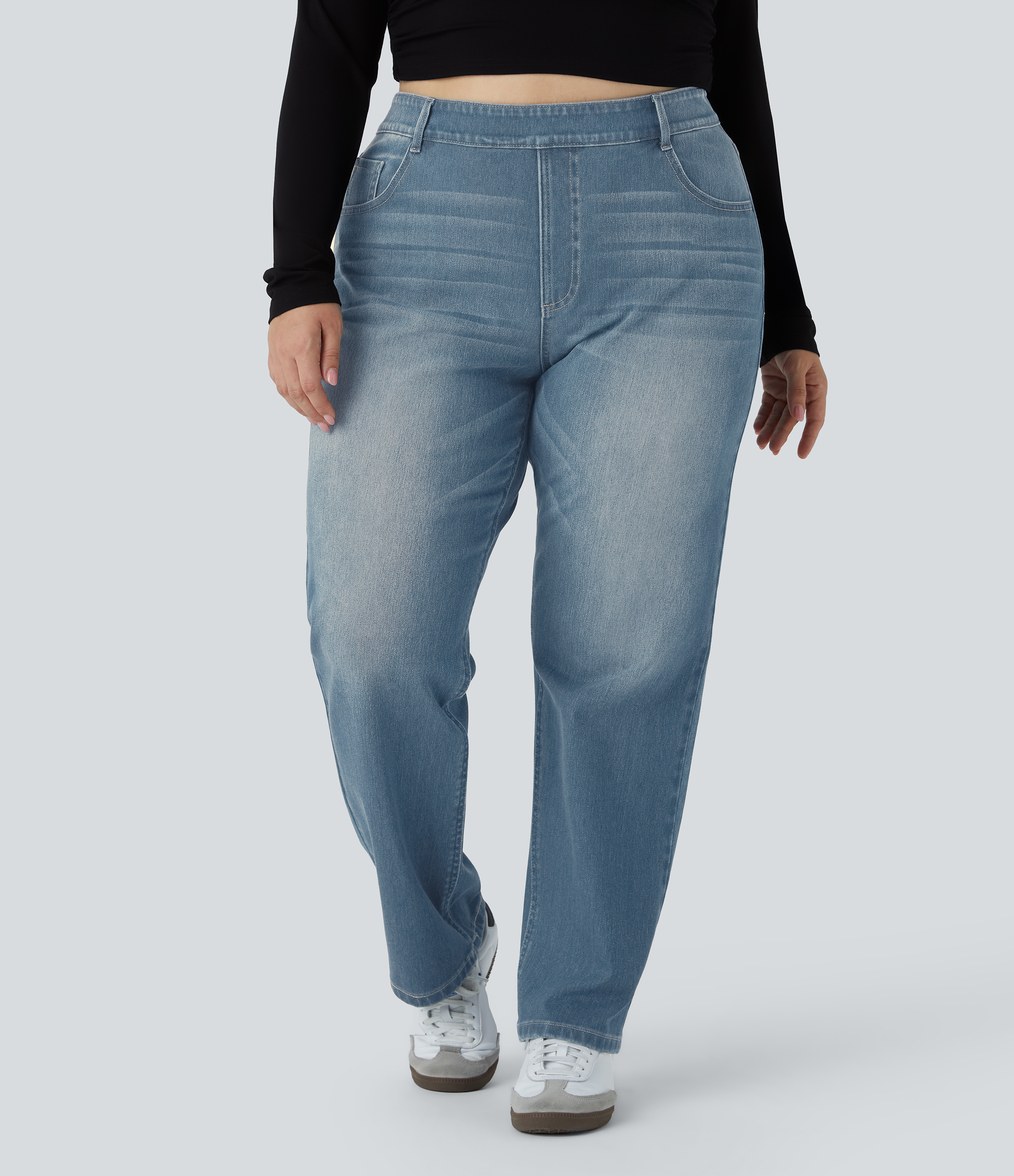 FlexHigh Waisted Pockets Straight Leg Washed Casual Plus Size Jeans