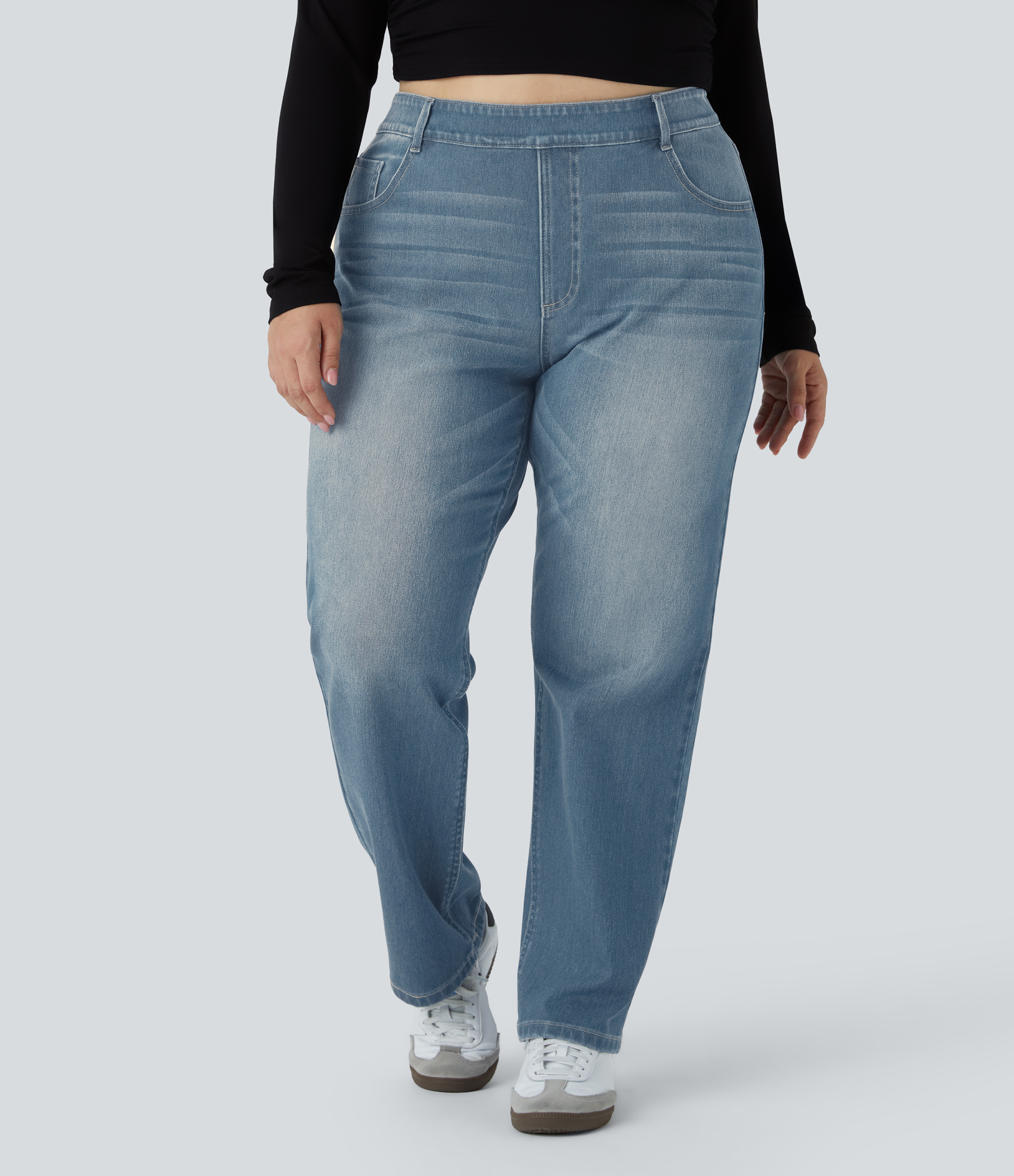 FlexHigh Waisted Pockets Straight Leg Washed Casual Plus Size Jeans